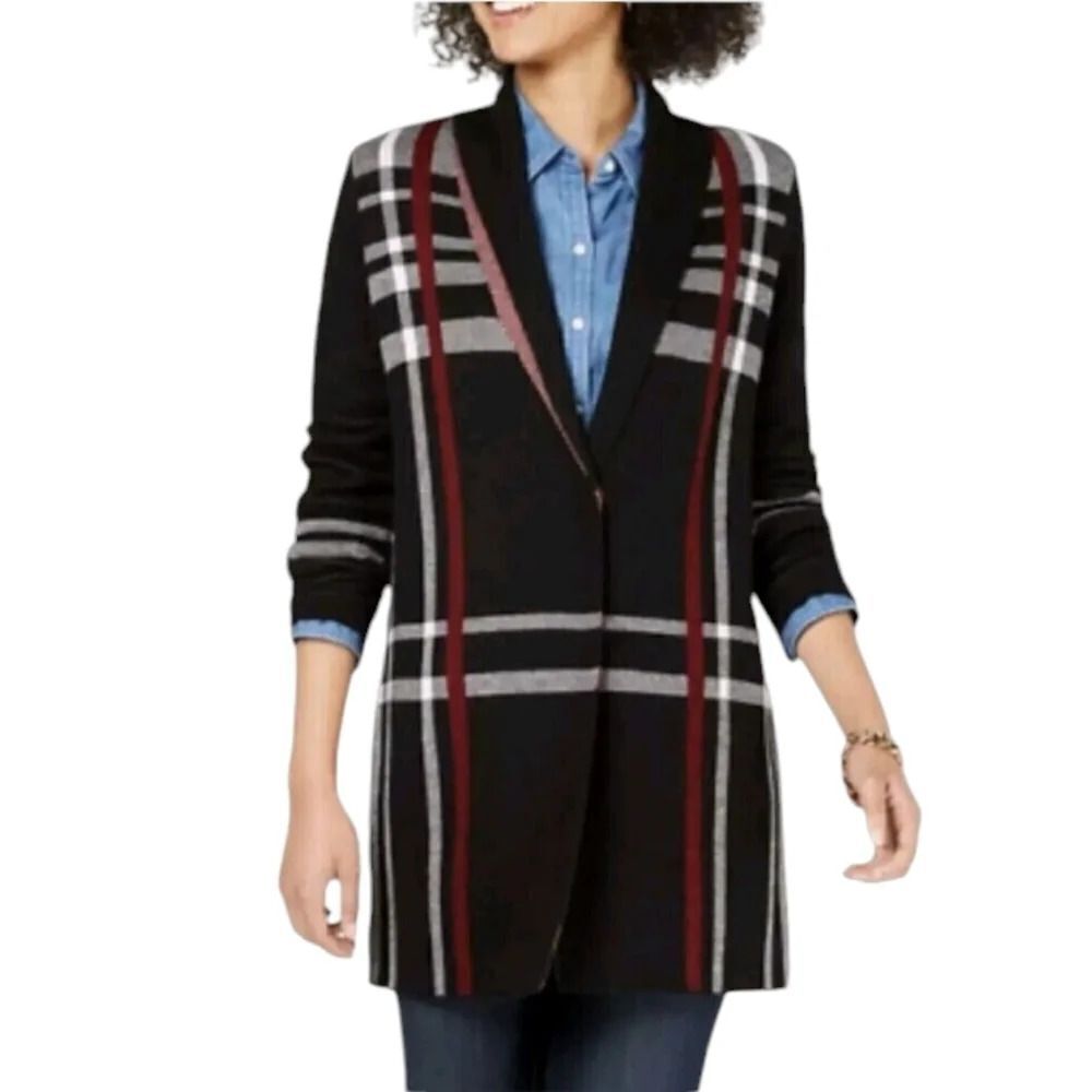 Charter Club Long Line Snap Front Nova Crack Plaid Jacket Cardigan Size Large
